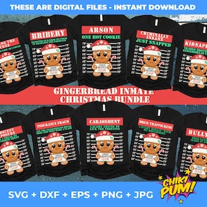 Può includere: Un set di 10 file digitali per creare magliette di Natale con detenuti di pan di zenzero. Ogni design presenta un personaggio di pan di zenzero con un crimine diverso e una didascalia divertente. I design sono in nero, rosso e bianco.