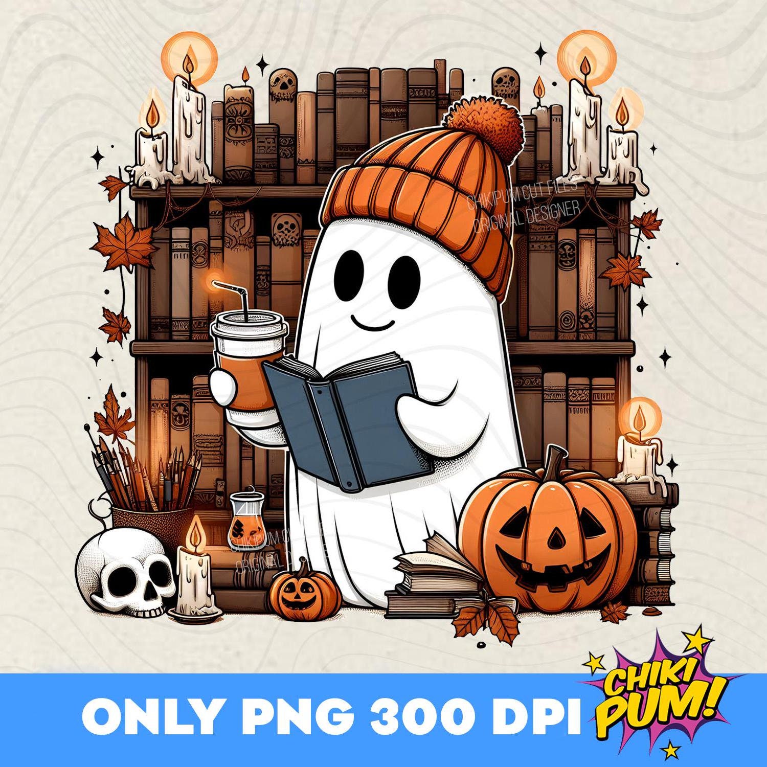 Ghost Pumpkin Bookworm Png, Cute Ghost Reading Png, Retro Halloween Png ...