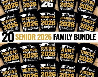 Paquete de graduación 2026, Orgulloso de graduarse 2026 SVG, Paquete familiar de último año 2026, Camisetas familiares de graduación 2026 SVG PNG