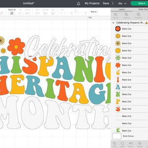 Pode incluir: Um design digital para um projeto artesanal que apresenta o texto "Celebrating Hispanic Heritage Month" em um estilo de fonte retr&ocirc; e colorido. O design inclui uma variedade de cores, incluindo laranja, amarelo, verde e azul.