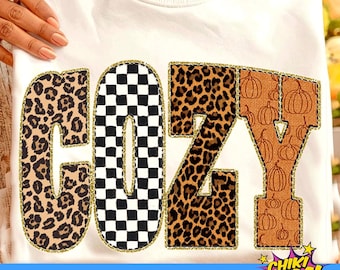 Preppy gezellige png, herfstpatchworkletters clipart, pompoenluipaard geruite sublimatie, gezellig herfstshirtontwerp (digitale download)