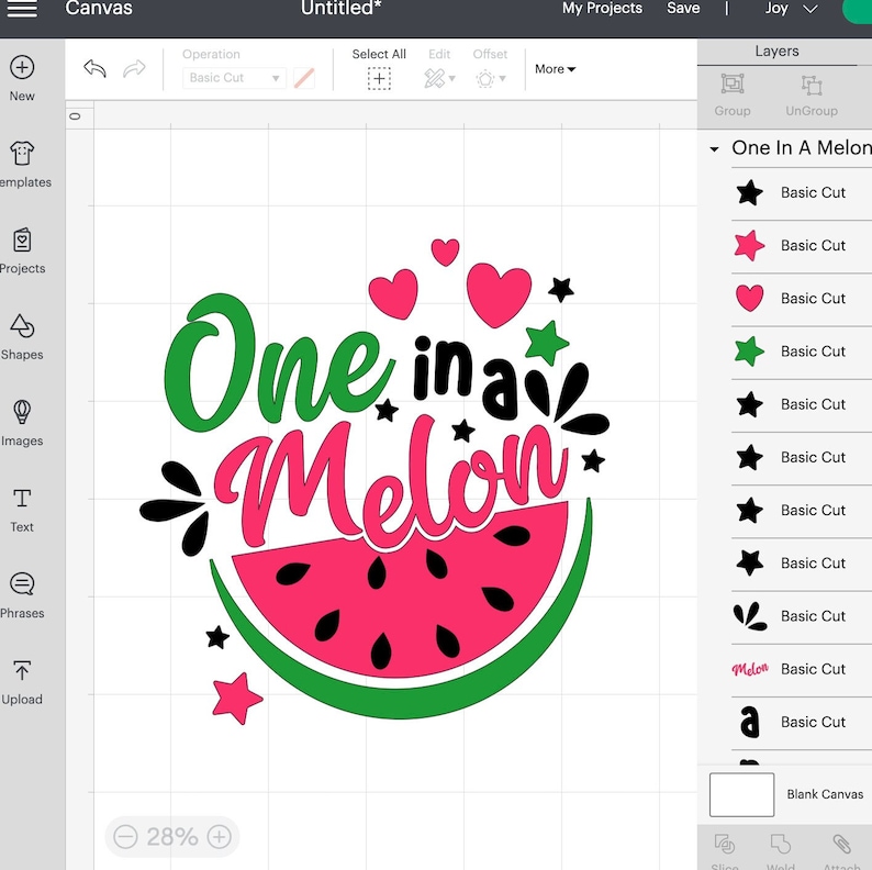 May include: A digital design for a watermelon-themed graphic with the text "One in a Melon" in black, green, and pink. The design includes a watermelon slice, hearts, and stars.
