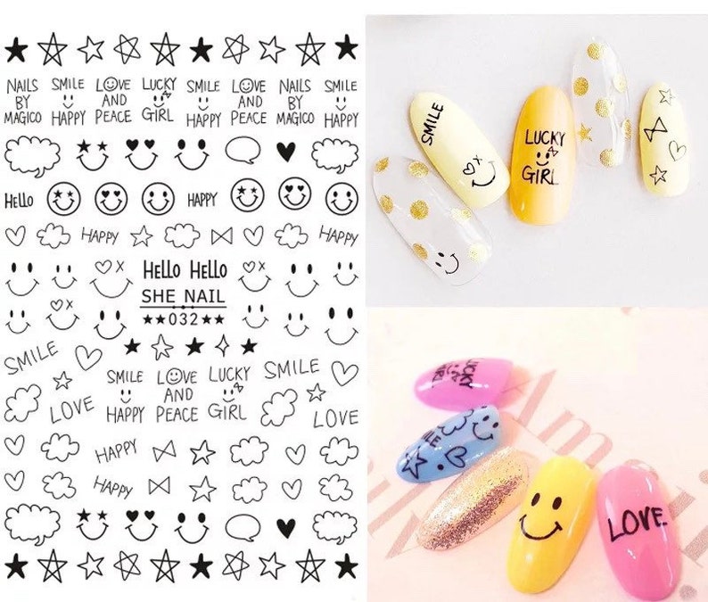 May include: Nail art stickers with black and white designs, including stars, smiley faces, hearts, and text like "SMILE", "LOVE", and "HAPPY". Several painted nails feature similar designs, with text like "SMILE" and "LUCKY GIRL".