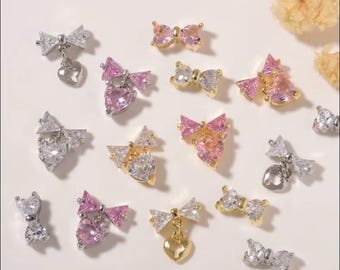 2PC Pink Bow Zircon Nail Charms