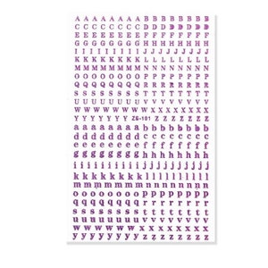 May include: A sheet of purple alphabet stickers in various fonts and sizes. The stickers include uppercase and lowercase letters, numbers, and the text "Z6-101". Ideal for scrapbooking, card making, and other craft projects.