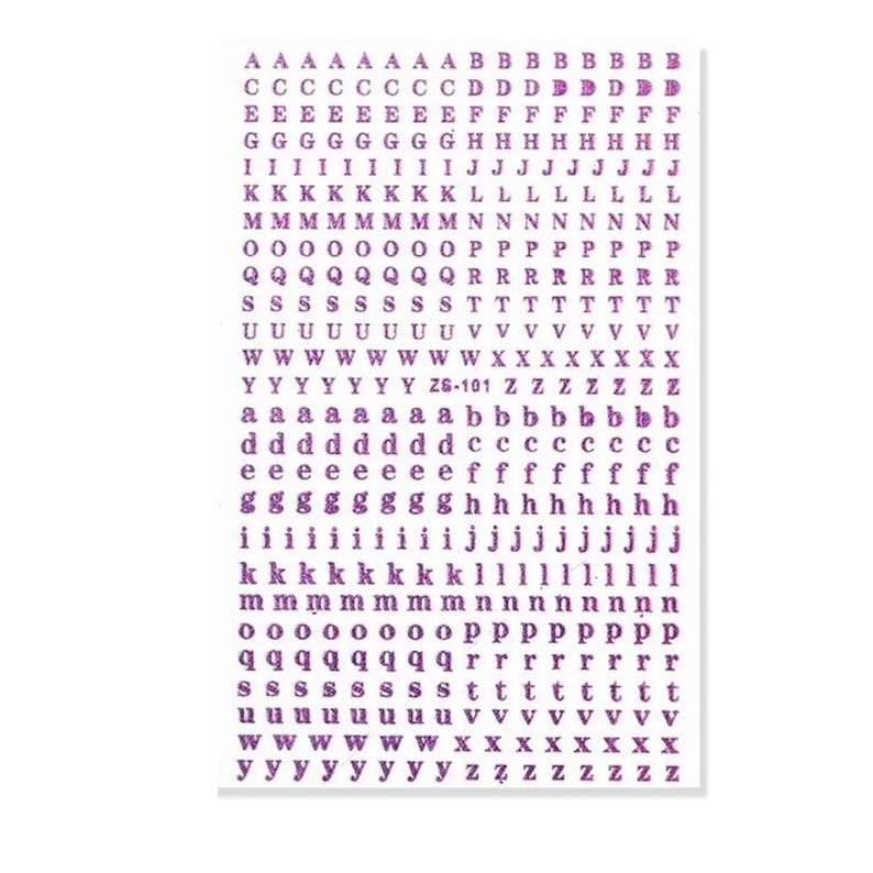 May include: A sheet of purple alphabet stickers in various fonts and sizes. The stickers include uppercase and lowercase letters, numbers, and the text "Z6-101". Ideal for scrapbooking, card making, and other craft projects.