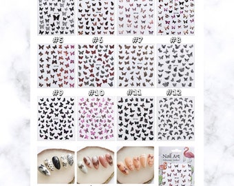 May include: A collection of nail art stickers featuring butterfly designs in various colors and patterns. The image showcases multiple sheets of stickers, each with a unique arrangement of butterflies. Also included are examples of finished nail art using the stickers.