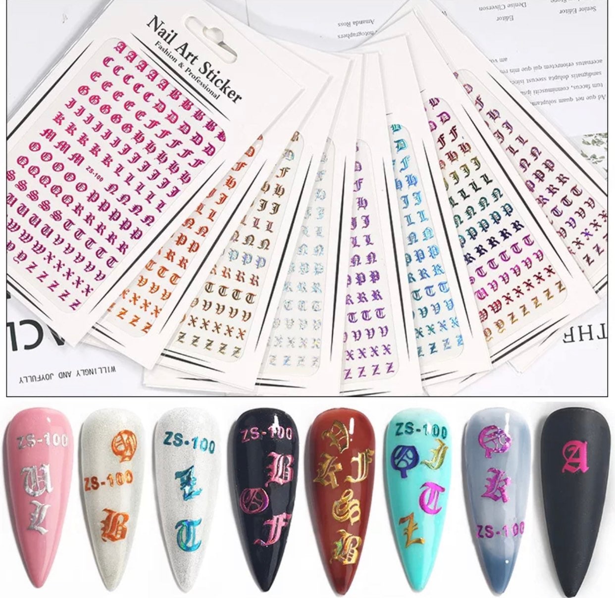  Letter Nail Art Stickers Number Nail Decals Nail Art Supplies  Old English Alphabet Nail Sticker Designs Holographic English Font Letters  Stickers for Acrylic Nails Decorations (8 Sheets) : Beauty & Personal