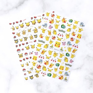 May include: Two sheets of white stickers featuring various yellow Pikachu designs, along with other characters and elements from the Pok&eacute;mon franchise. The stickers include Pikachu in different poses, watermelon slices, and Pok&eacute; Balls.