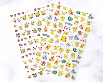 May include: Two sheets of white stickers featuring various yellow Pikachu designs, along with other characters and elements from the Pokémon franchise. The stickers include Pikachu in different poses, watermelon slices, and Poké Balls.