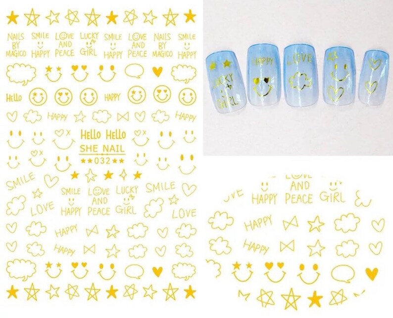 May include: Gold nail art stickers featuring various designs, including stars, smiley faces, hearts, clouds, and text like "LOVE," "SMILE," and "HAPPY." The stickers also include the text "SHE NAIL 032."