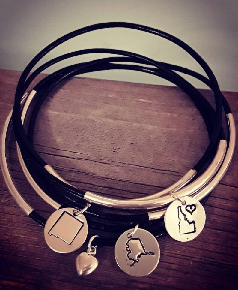 State Sterling 3 Charms and Heart Leather Bracelet Set--Any 50 States--Custom Best Friend Mom Birthday Holidays Personalized Gift