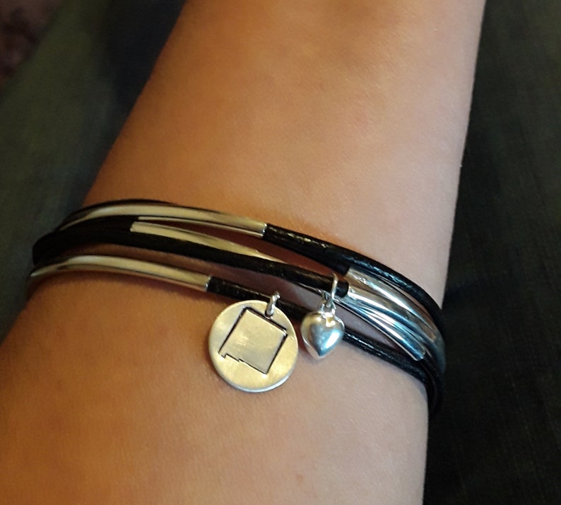 State Sterling 3 Charms and Heart Leather Bracelet Set--Any 50 States--Custom Best Friend Mom Birthday Holidays Personalized Gift