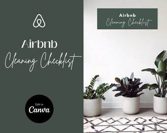 Puede incluir: Un gráfico verde y blanco con el logotipo de Airbnb y el texto "Airbnb Cleaning Checklist" en blanco. El gráfico está sobre un fondo verde. La imagen también muestra tres plantas en macetas frente a una pared blanca con el texto "Airbnb Cleaning Checklist" en un rectángulo verde.