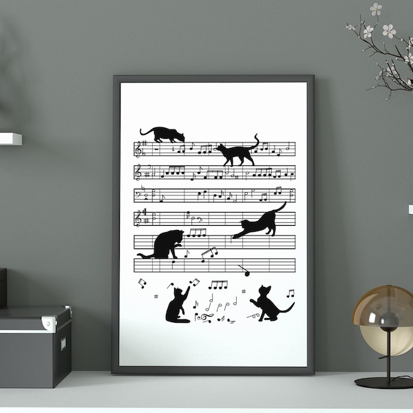 Cat Kitty Playing Music Note Clef Wall Art, INSTANT DOWNLOAD, Black Cats Poster, Piano Music Notes Decor, Print Gift for Musicians & Pianist