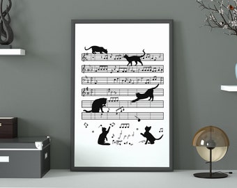 Cat Kitty Playing Music Note Clef Wall Art, INSTANT DOWNLOAD, Black Cats Poster, Piano Music Notes Decor, Print Gift for Musicians & Pianist