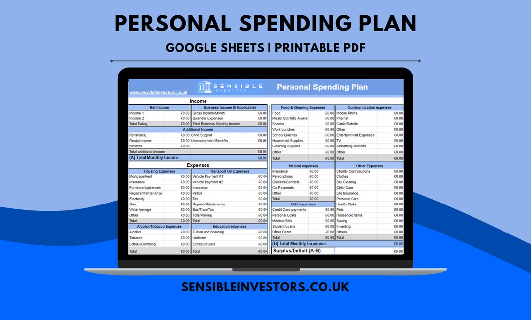 Personal Spending Plan | Printable PDF | Google Sheets - Etsy