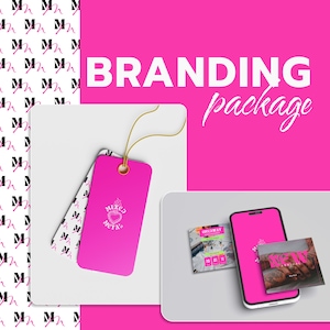 Può includere: Mockup di un pacchetto di branding con sfondo rosa. Il pacchetto include un'etichetta rosa con il logo "Mixed Metal" in bianco, un'etichetta bianca con un motivo rosa, un mockup di telefono rosa con una grafica di regalo e un mockup di telefono rosa con una grafica "Nuovo".