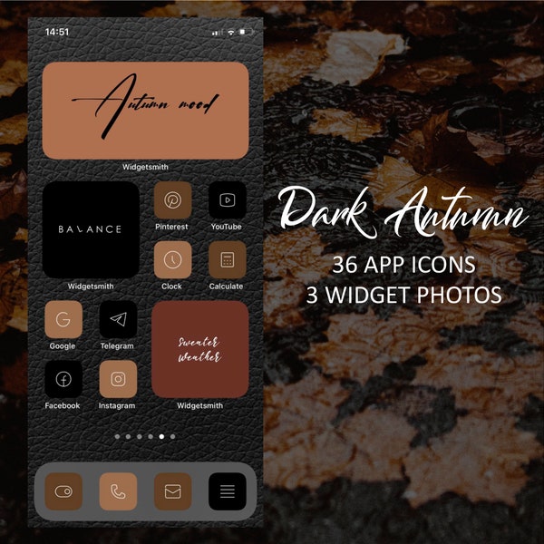 36 Dark Autumn iOS 14 App Icons Orange Fall Black Mood Widget Cover Widgetsmith Aesthetic Brown Minimal Pack Iphone Apple Icons Set Shortcut