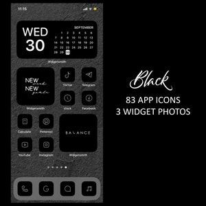 May include: A black and white phone screen with a calendar showing Wednesday, September 30th. The screen is filled with app icons and widgets, including TikTok, Telegram, Facebook, Clock, Calculate, Pinterest, YouTube, Instagram, Widgetsmith, and more. The text "Black 83 App Icons 3 Widget Photos" is displayed at the bottom of the screen.