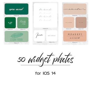 May include: A collage of nine different phone widgets with various motivational quotes and designs. The widgets are in shades of green, white, and peach. The text on the widgets includes "open mind", "be kind", "remarkable", "enjoy today", "inspiration", "balance", and "Mondays are for fresh start".