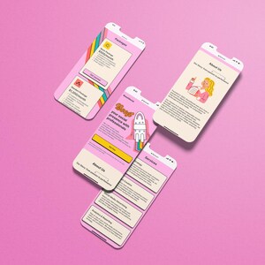 May include: Four screenshots of a mobile app with a pink background. The app is called "Boost" and offers social media management services. The screenshots show the app's pricing, services, about us page, and a rocket ship illustration.