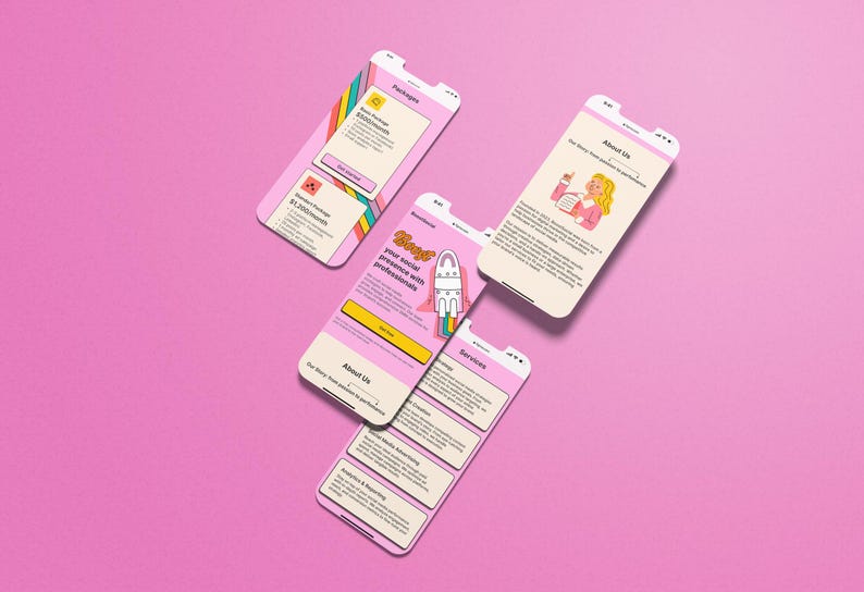 May include: Four screenshots of a mobile app with a pink background. The app is called "Boost" and offers social media management services. The screenshots show the app's pricing, services, about us page, and a rocket ship illustration.