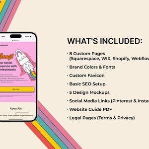 May include: A phone screen mockup showing a website design for a social media marketing service called BoostSocial. The website features a rocket ship graphic and the text "Boost your social presence with professionals". The website also includes a "Get Free" button and an "About Us" section.