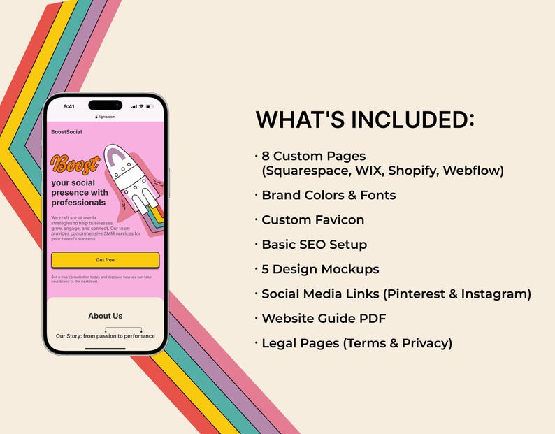 May include: A phone screen mockup showing a website design for a social media marketing service called BoostSocial. The website features a rocket ship graphic and the text "Boost your social presence with professionals". The website also includes a "Get Free" button and an "About Us" section.