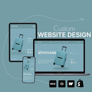 May include: A digital display showing a custom website design for JetVoyage on a laptop, tablet, and smartphone. The screens feature a light blue suitcase graphic, the text Custom WEBSITE DESIGN, and icons for Wix, Squarespace, Webflow, and Shopify.