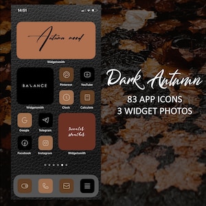 Puede incluir: Pantalla de smartphone con un tema "Dark Autumn" con 83 iconos de aplicaciones y 3 fotos de widgets. Los iconos son en tonos marrón, negro y blanco, sobre un fondo oscuro con textura de cuero. El widget superior dice "Autumn mood."
