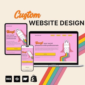 Pode incluir: Uma maquete de design de site com um fundo rosa e uma ilustração de foguete. O texto "Boost your social presence with professionals" é exibido no site. O site é mostrado em um laptop e um telefone móvel.