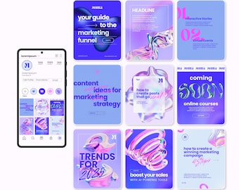 May include: A collection of nine Instagram post templates in shades of blue, purple, and white, with abstract 3D designs. The templates cover topics like marketing, trends, and online courses. A smartphone displays a social media profile. Text includes "Your guide to the marketing funnel."