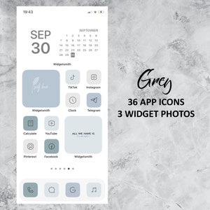 May include: A screenshot of a phone displaying a customized home screen with a gray and white color scheme. The date is September 30th. The screen features 36 app icons and 3 widget photos. The text "Grey" is written in cursive at the top of the screen. The text "36 APP ICONS" and "3 WIDGET PHOTOS" are written in black below the cursive text.
