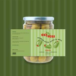 May include: A glass jar filled with green olives in brine, featuring a light green label with vertical stripes. The label displays the text OLI-VOLI, PREMIUM GREEN OLIVES IN BRINE, PIMENTO, and nutritional information, with a net weight of 250 g.