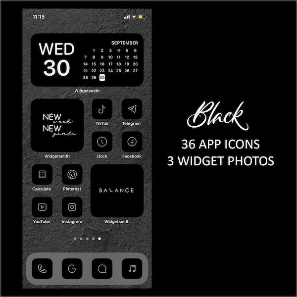 36 zwarte iOS 17 app-pictogrammen Dark Mood Widget iOS 17 Cover Widgetsmith esthetisch minimaal pictogram Iphone Apple Pack Icons Set snelkoppeling esthetisch