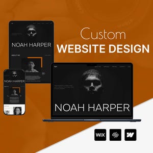 May include: A laptop computer displaying a website design for Noah Harper. The website is black and white with a large image of a person's face. The text "Noah Harper" is displayed in large white letters. The laptop is on a brown surface with the text "Custom Website Design" above it.