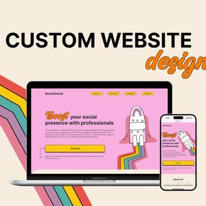 May include: A laptop and a mobile phone display a website design for a social media marketing company called BoostSocial. The website features a pink background with a cartoon rocket ship and rainbow stripes. The text on the website reads "Boost your social presence with professionals" and "Get free".