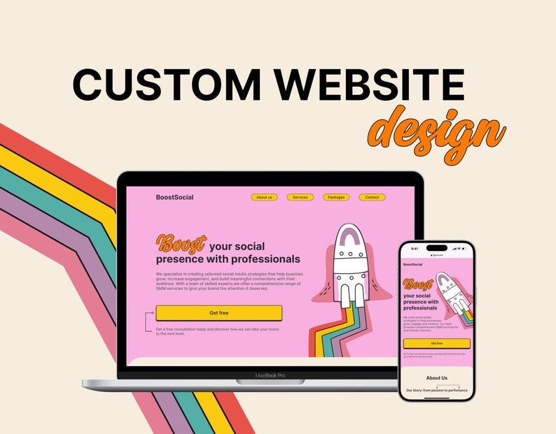 May include: A laptop and a mobile phone display a website design for a social media marketing company called BoostSocial. The website features a pink background with a cartoon rocket ship and rainbow stripes. The text on the website reads "Boost your social presence with professionals" and "Get free".