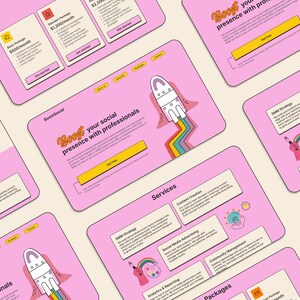 May include: Pink website landing page with a rocket ship illustration and text that reads "Boost your social presence with professionals". The page also includes a section for services, which includes content creation, social media advertising, analytics & reporting, and community management. There are also three pricing packages listed: Basic, Standard, and Premium.