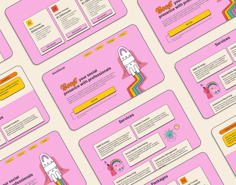 May include: Pink website landing page with a rocket ship illustration and text that reads "Boost your social presence with professionals". The page also includes a section for services, which includes content creation, social media advertising, analytics & reporting, and community management. There are also three pricing packages listed: Basic, Standard, and Premium.