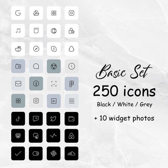 250 Basic Set Ios 14 App Icons Black White Grey Dark Light Etsy
