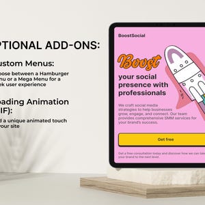 May include: A pink and yellow illustration of a rocket ship with the text "Boost your social presence with professionals" and "BoostSocial" on a pink background. The text "Get free" is on a yellow button.
