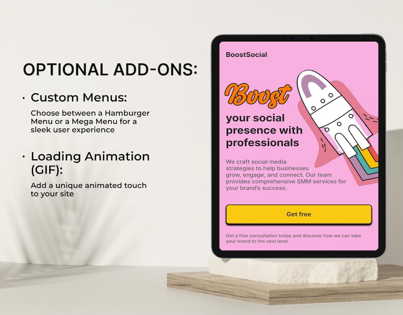 May include: A pink and yellow illustration of a rocket ship with the text "Boost your social presence with professionals" and "BoostSocial" on a pink background. The text "Get free" is on a yellow button.