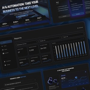 May include: A dark-themed digital interface with the text "AI & AUTOMATION: TAKE YOUR BUSINESS TO THE NEXT LEVEL." The interface displays data visualizations, charts, and key performance indicators, including "400+", "$2M+", and "80%."