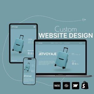 May include: A website design mockup for a luggage company called JetVoyage. The design features a blue suitcase on a laptop screen, a tablet, and a smartphone. The website is built on Wix, Shopify, Squarespace, and WordPress.