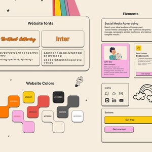 May include: A website design mockup with a rainbow, stars, and a rocket ship. The design includes website fonts, colors, icons, and buttons. The text includes "Brilliant Lettering", "Inter", "Social Media Advertising", "Basic Package $500/month", "Get started", "Get free", and "Get started".
