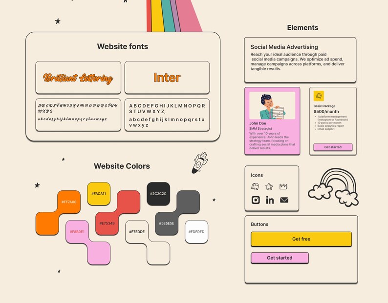 May include: A website design mockup with a rainbow, stars, and a rocket ship. The design includes website fonts, colors, icons, and buttons. The text includes "Brilliant Lettering", "Inter", "Social Media Advertising", "Basic Package $500/month", "Get started", "Get free", and "Get started".