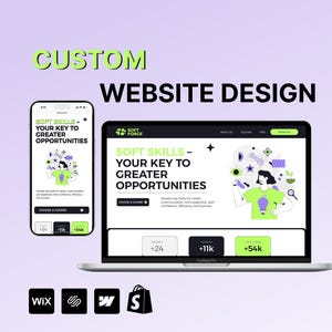 Puede incluir: Una maqueta de diseño de sitio web con una computadora portátil y un teléfono móvil que muestran un sitio web para una empresa llamada "Soft Force". El sitio web presenta el texto "Soft Skills - Your Key to Greater Opportunities" y una ilustración de dibujos animados de una persona sosteniendo una bombilla. El sitio web también incluye una llamada a la acción para "Elegir un curso".