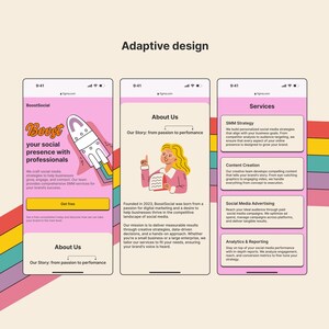 May include: A mobile phone screen displaying a website for a social media marketing company called BoostSocial. The website features a rocket ship illustration, a call to action button that says "Get Free", and a section titled "About Us".